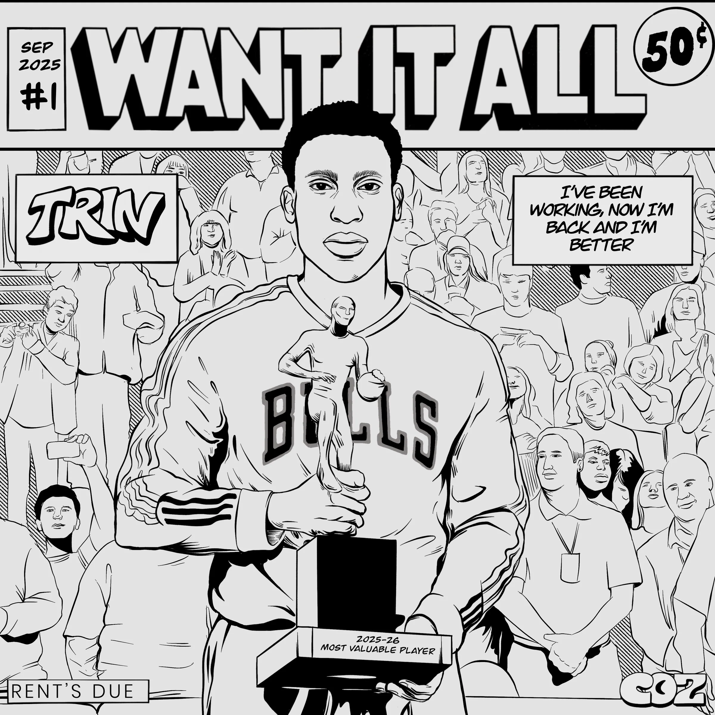 Initial black and white comic album cover composition