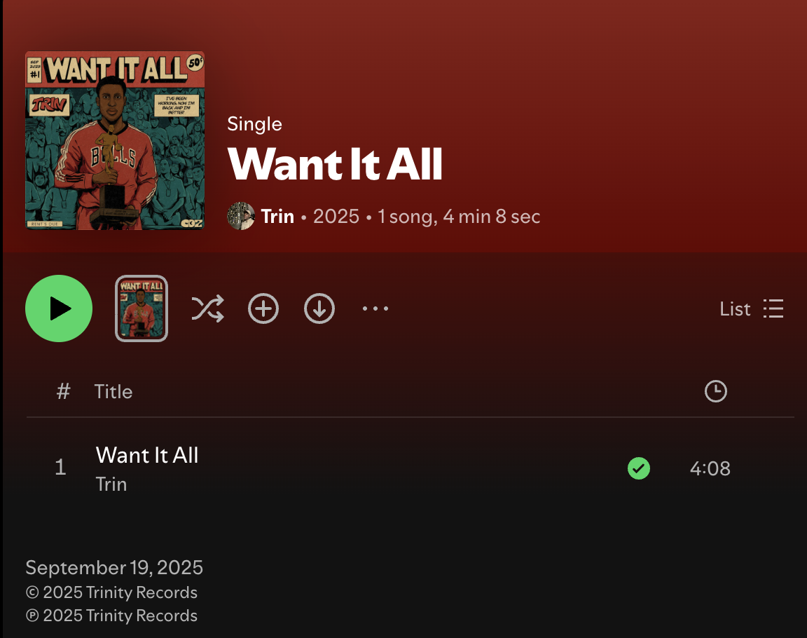 Want It All track shown in a Spotify player