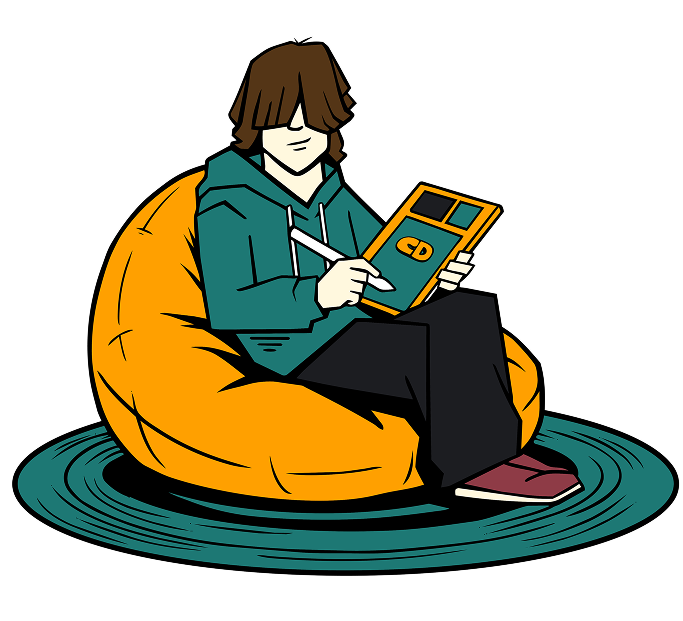 Cozycomix mascot sketching on a bean bag